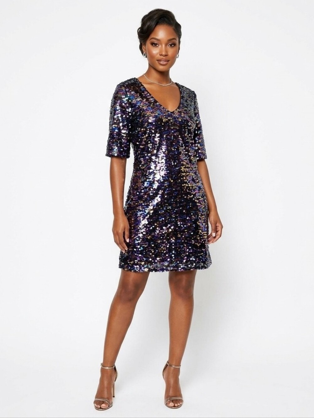 City Chic Iridescent Sequin Mini Dress in Black and Purple